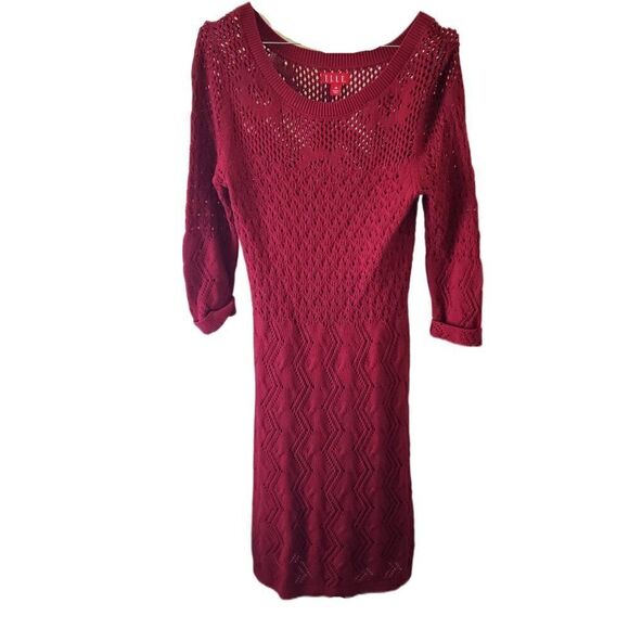 Elle Burgundy Open Knit Red Sweater 3/4 Lined Sleeve Dress - Picture 1 of 4
